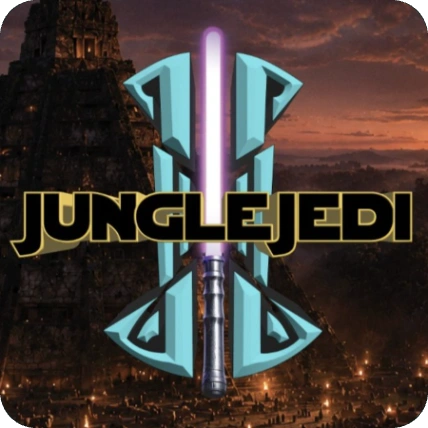 The Jungle Jedi logo: a teal emblem crossed by a lit purple lightsaber over a jungle temple at sunset, with the Jungle Jedi wordmark